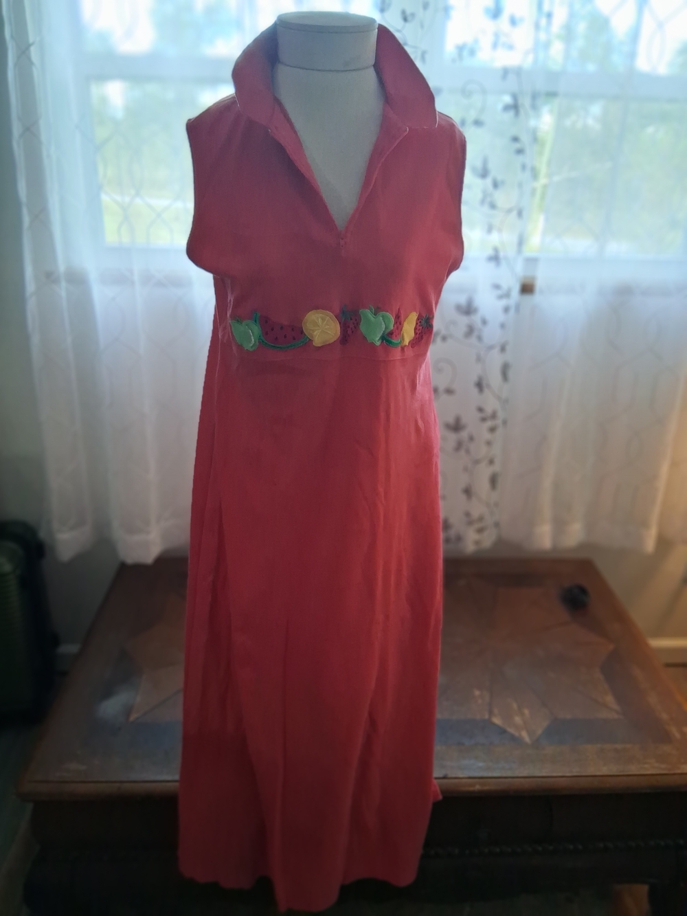 Bechamel Coral-Red Sleeveless Maxi Dress with Fruit Embellishment